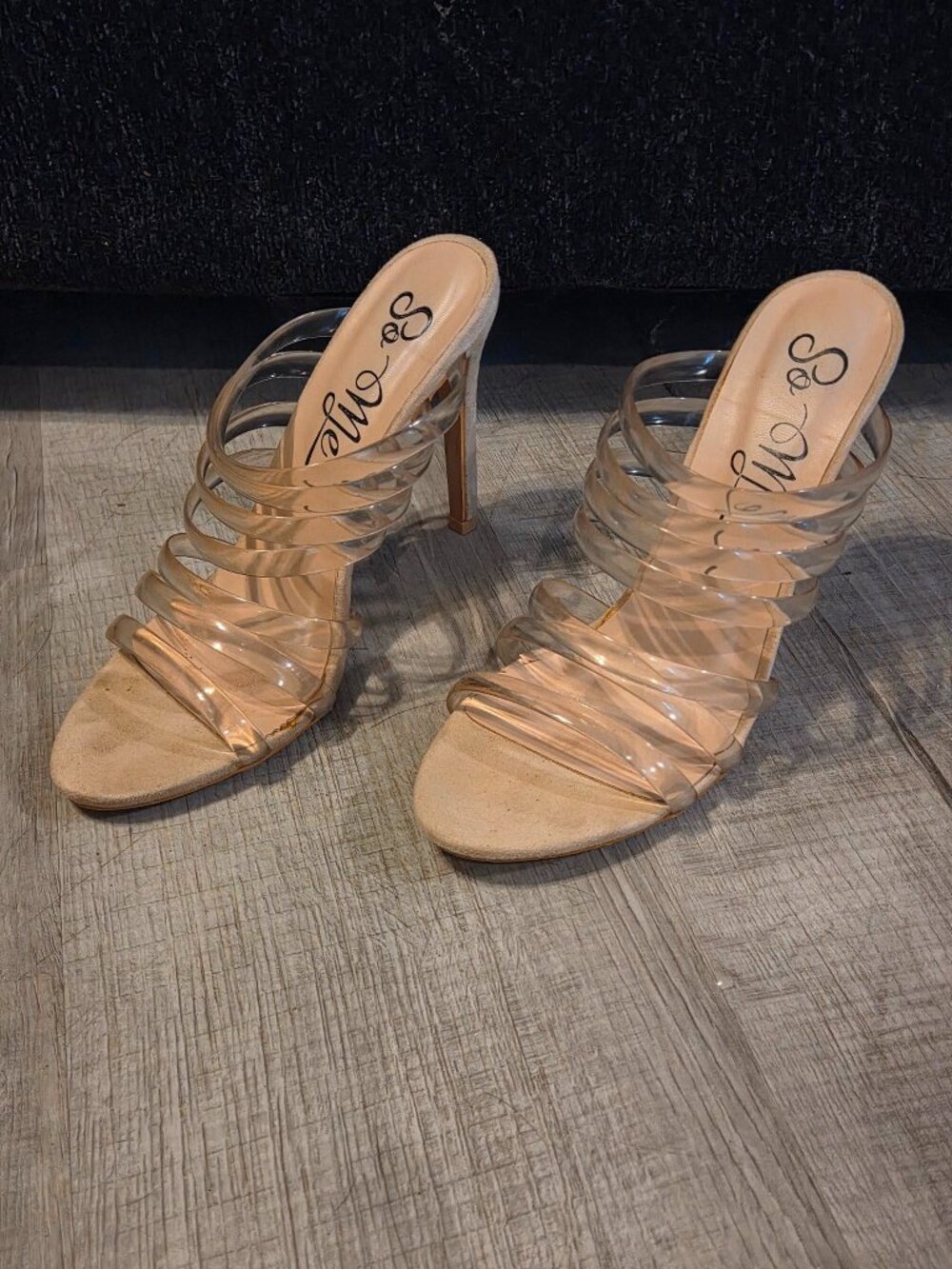 Women So Me Beige High Heel Mules Stiletto Square Open Toe Formal